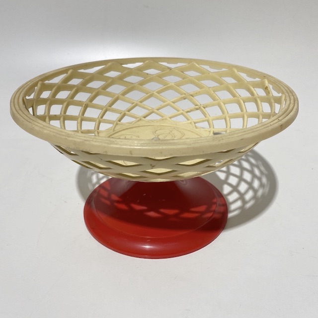 BOWL, Fruit Bowl - 1950s Red Cream Plastic Basket